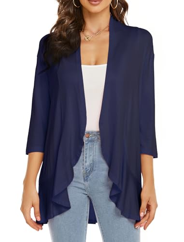 Image of YnimioAOX Women's Cardigan Lightweight Open Front 3 /4 Sleeves Draped Ruffles Knit Cardigan Sweaters