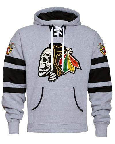 Fear The Feathers Skull Game Day Chicago Hockey Hoodie Grey Black