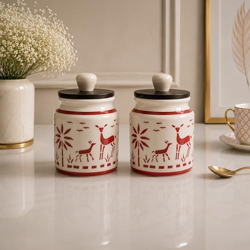 Image of Ceramic Kitchen Jars for Storage | Air Tight Containers with Wooden Lids | Masala, Salt, Pickle, Dry Fruits & Multi Utility Items Organiser Set (Hand-Painted, Red Deer, 450 ML, Pack of 2)