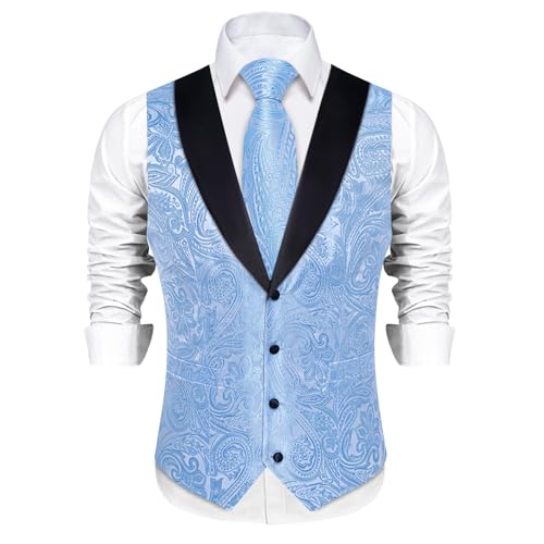 Image of DiBanGu Mens Paisley Suit Vest Silk Jacquard Waistcoat and Necktie Set Formal Shawl Collar Dress Vest 7PCS for Wedding Party