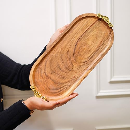 Image of Behoma Mango Wood Oval Serving Platter with Golden Brass Motif | Elegant Wooden Tray for Home Decor | Durga Puja Navratri Festive Serveware for Sweets, Cookies & Dry Fruits | Size - 37 cm (14.5 inch)