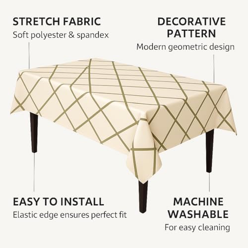 Image of Styleys Dining Table Cover Waterproof with for Kitchen Dining Table Cloth Dust and Oil Repellent (140x180, 1 Table Cover Only, Beige Line, CTSD3147)