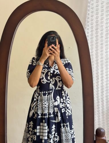 Image of Women Fit and Flare Blue Calf Length Dress Half Sleeves Printed Gown | Gown C1 7