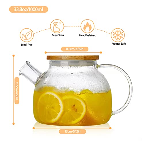 Glass Teapot Stovetop & Microwave Safe,Glass Tea Pot With Removable Filter Spout, Glass Teapots With Bamboo Lid, Teapot For Loose Leaf And Blooming Tea And Fruit Tea (34Oz) #TOP1