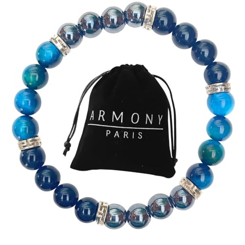 Bracelet Pierre Naturelle Femme Homme Bleu, Défense Confiance et Equilibre. Perle Oeil de Tigre 8 mm Qualité Supérieure. Bijoux Artisanal Handmade Solide et...