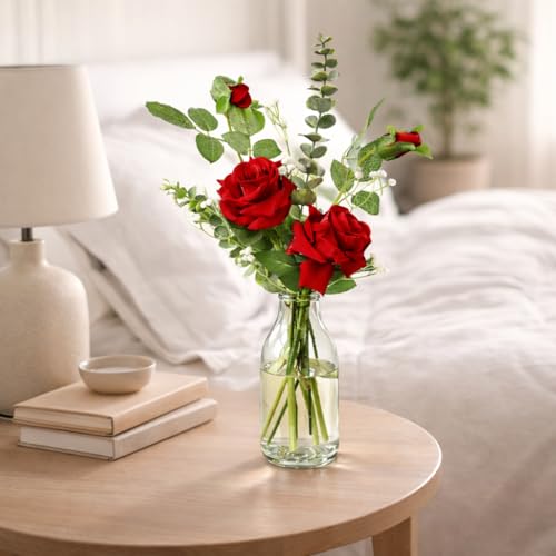 Image of Artificial Red Rose Flower Bunch - 12 Inch Decorative Floral Arrangement with Eucalyptus & Gypsophila | Home, Living Room, Office, Wedding & Festive Decor (Vase Not Included)
