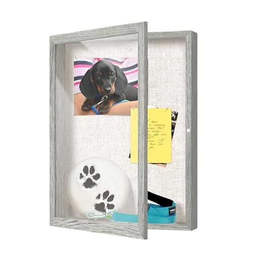 FrameWorks 12x16 Deep Shadow Box Frame, Wooden Display Case w. Linen Board & Tempered Glass Door - Grey Woodgrain - Medium - Wall Mounted
