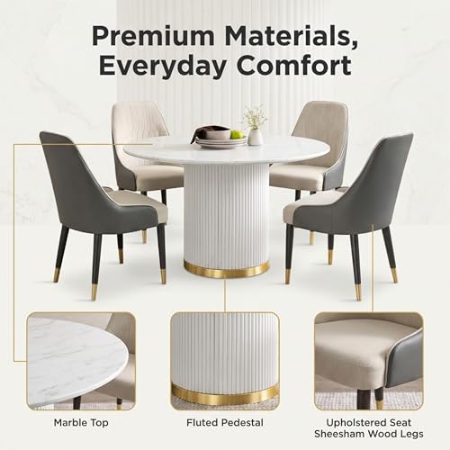 Image of 4 Seater Dining Table Set with 4 Chairs, Round Marble Dining Table (91x91x76 cm) - White Marble Top, Solid Wooden Base, Upholstered Chairs with Sheesham Wood Legs - Grey & Cream