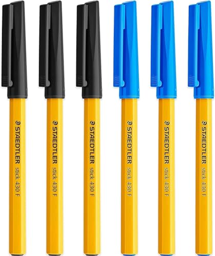 STAEDTLER Fine 0.3mm 430 Stick Ballpoint Pens Writing Pen Smooth - Black and Blue Ink (6)