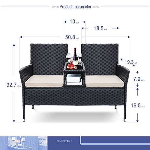 Devoko Outdoor Patio Loveseat Modern Rattan Patio Conversation Furniture Set With Cushions & Built-In Coffee Table Porch Furniture For Garden Lawn Backyard (Beige) #TOP5