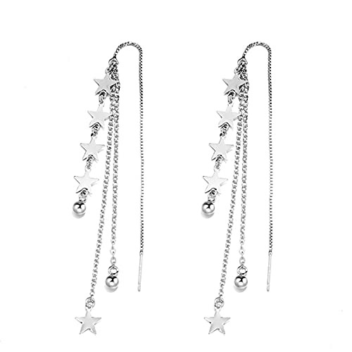 4 Pcs Star Chain Tassel Threader Earrings for Women Silver Lightweight Star Beaded Curved Ear Line Wave Dangle Drop Earrings Minimalist Charm Long Threader Earrings Set (D-Star Tassel Threader Earrings)