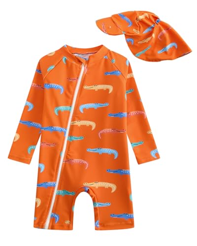 DivingBirds Baby Badeanzug Jungen, Langarm Schwimmkleidung mit Diagonal-Reißverschluss Kleinkind Jungen, Einfaches An- Und Ausziehen, Orange für 12-18 Monate