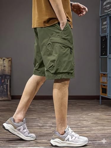Image of Men's 100% Pure Cotton Cargo Shorts | Regular Fit Solid Knee Length Shorts with Multiple Utility Pockets | Casual Outdoor Summer Shorts for Men