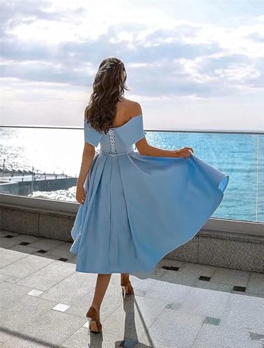 Image of Knee-Length Satin Off Shoulder Homecoming Dress Short Prom Cocktail Party Dress for Junior