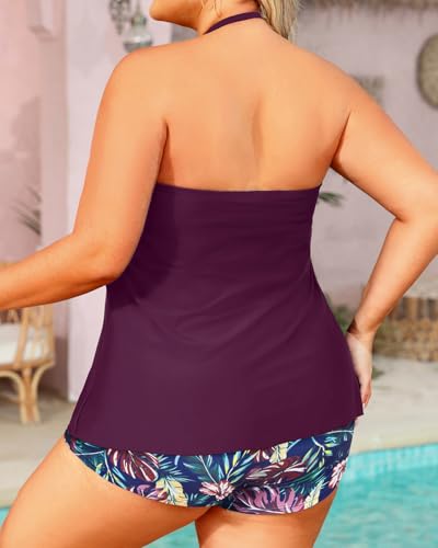 Image of Daci Plus Size Bandeau Tankini Swimsuit for Women 2 Piece Halter Swim Top with Shorts Tummy Control Bathing Suits
