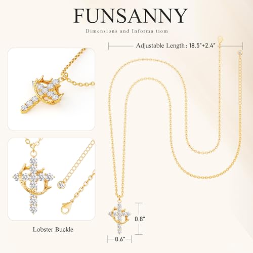 Cross Necklace for Women - Dainty Necklaces Trendy Small 14K Gold Plated Hypoallergenic Infinity Crown Cross Cubic Zirconia Pendant Box Rope Chain Necklace for Women Non Tarnish Jewelry Gift