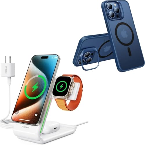 TORRAS Lstand iPhone 15 Pro Case Blue & 3 in 1 Charging Station with MagSafe Charger Stand