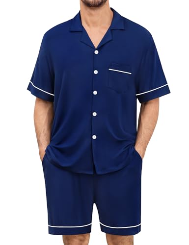 SWOMOG Mens Pajama Set Shorts Button Down Short Sleeve Sleepwear Soft Modal 2Pcs Pj Set with Pockets S-XXL
