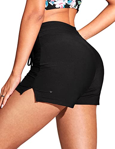 CRZ YOGA Womens Swim Board Shorts 4'' - High Waisted Side Split Bathing Swimwear Bottoms with Mesh Liner Zipper Pocket2