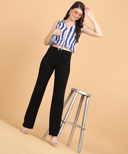 Image of POPWINGS Women Casual Bue & White Stripe Printed Crop Top