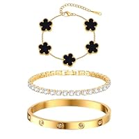 Womens Stackable Floral Gold Bracelets - 3Pcs 18K Gold Plated Bracelet,Stainless Steel Bangle Bracelets Non Tarnish, Gold Bracelet Set Trendy Jewelry,Christmas Valentines Birthday Gifts for Girlfriend