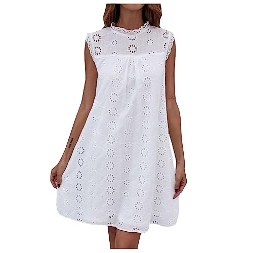 Weißes Kleid Mit Lochstickerei Sommerkleid Damen Sommer Kurze Elegant Partykleid A Linie Kleider Boho Strandkleid Ärmellos Leicht Frauen Minikleid...