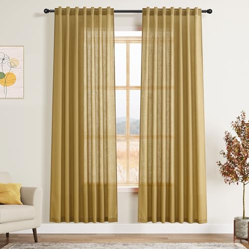 Image of Linen Curtains 72 Inch Long for Living Room Back Tab Gold