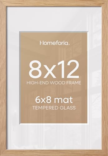 Image of Homeforia 8x12 Natural Oak Picture Frame, High-End Wood, 6x8 Mat, Glass | High End Solid Oak Wood, Tempered Glass, Acid-Free 6x8 Removable Mat, 8x12 Edge-to-Edge Display 12x8, Wall Kit, Set Of 1
