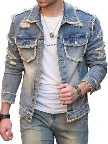 Huang's Men's Denim Jacket with Distressed Ripped Details Classic Fit