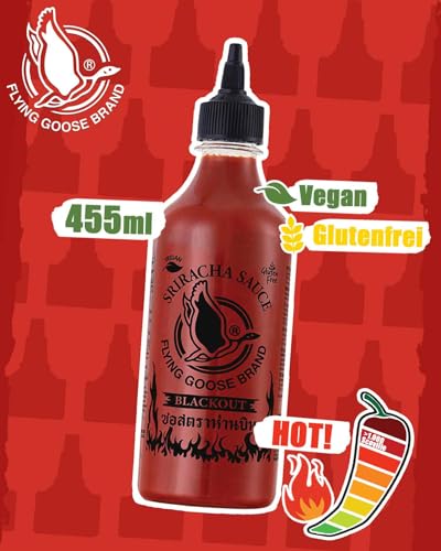 FLYING GOOSE Sriracha Chilisauce, mit extra Schärfe, extrem scharf, schwarze Kappe, extra scharfe Würzsauce aus Thailand, 1 x 455 ml