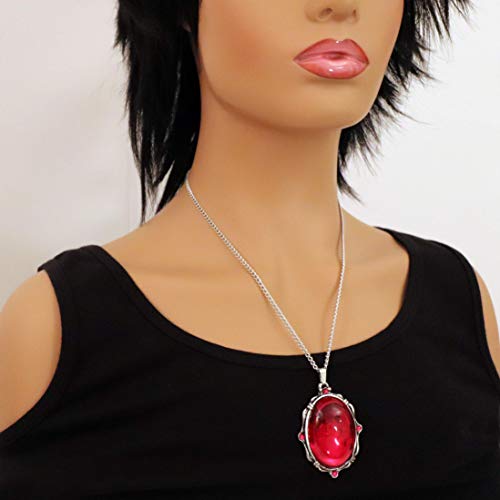 Blood Red Oval Stone In Silver Finish Pewter Frame Pendant Necklace2