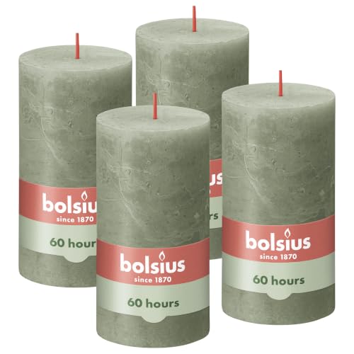 Bolsius Rustik Stumpenkerzen - Olivengrün - 4 Stück - 13 x 7 cm...