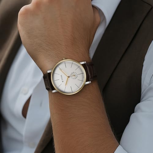 Image of Titan Elegance Analog with Small Second and White Dial Brown Leather Strap Watch for Men - 90203BL01