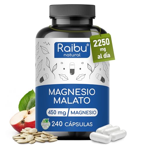 Magnesio Malato 2250 mg al Día (450 mg de Magnesio Elemental) - 240 Cápsulas - Energía, Músculos y Sistema Nervioso - Alta Dosificación y Biodisponibilidad - Sin Aditivos, Sin Gluten