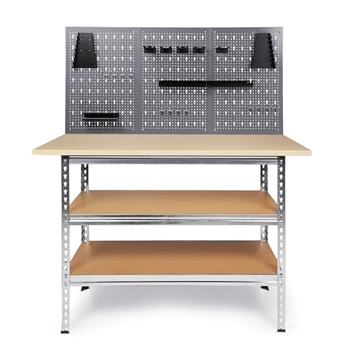Ondis24 Werkbank Werkstatt 120x60cm Mit 25mm Melaminarbeitsplatte, 151cm Höhe, 2 Ablageflächen, Metallgehäuse, Lochwand Werkstatt Set Mit 3...