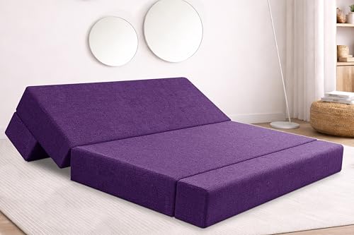 Image of Rosebell Three Seater Foldable Sofa Cum Bed (5x6 Feet) ? Jute Fabric, Washable Removable Cover, Includes Cushion | Space Saving Convertible Sofa Bed for Home, Office & Guests - Purple