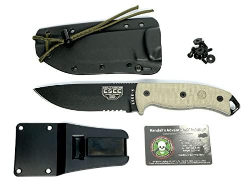 ESEE Authentic Model 5 Tactical Survival Fixed Blade Knife - Ambidextrous Kydex Sheath - SERE Team Designed (ESEE-5S-E)