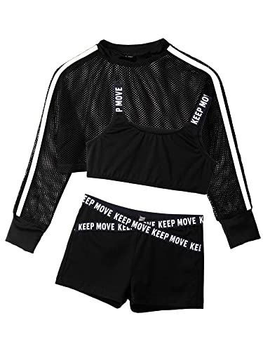 Kids Girls Hip Hop Dance Outfits Mesh Fishnet Net Sweatshirt Crop Tank Top and Booty Shorts Dancewear