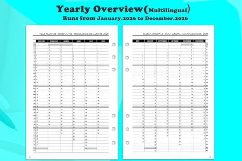 2026 Wochenplaner Einlage A5 6 Löcher, Vertikal, 1 Woche 2 Seiten mit Tabs, Notizen, Kontakt, Jan.26-Dez.26, 100GSM Dickes Papier, Nachfüllpapier für Kalender 2026 Planer(Mehrsprachig)