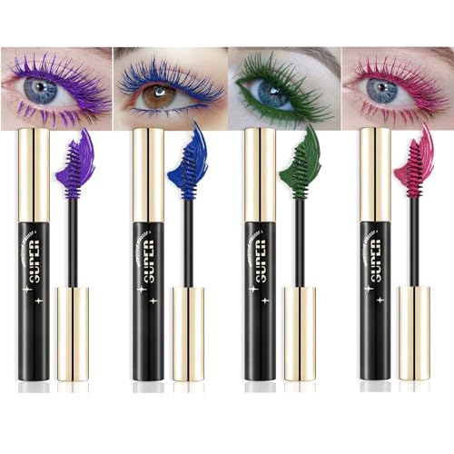 Riroenst Farbige Mascara-Sets, 4 Stück bunte Mascara, voluminöse Wimpern, schnell trocknend, lang anhaltende charmante voluminöse Mascara für Wimpernaugen-Make-up, tierversuchsfrei vegan