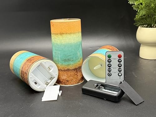 Image of Tujoe 3 Pcs Summer Ocean Flameless Candles Teal Beach LED Battery Pillar Candles Set Battery Operated Coastal Nautical Decorations Flickering Gifts with Remote Decorations for Holiday