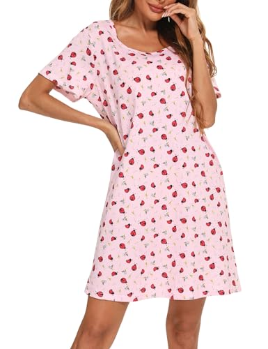Image of ENJOYNIGHT Womens Cotton Nightgown Short Sleeve Sleepshirt Print Nightshirt | Short-Sleeve Crew Neck, Soft Cotton Fabric, Cartoon Printed Sleep Shirt, Loose Fit