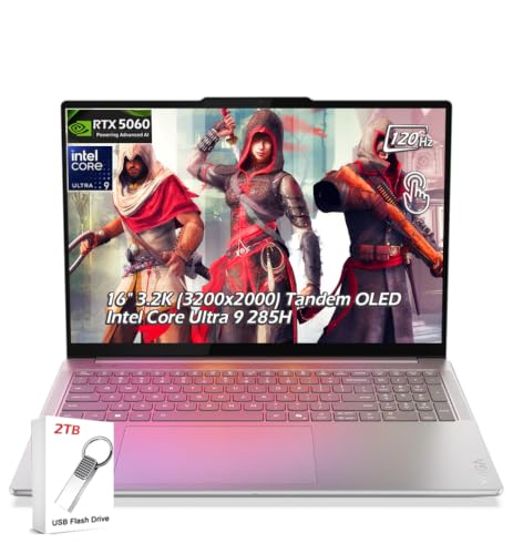 Image of Lenovo Yoga Pro 9i 16 Laptop, Intel Ultra 9-285H, 16 inch 3.2K (3200x2000) Tandem OLED Touch, 32GB LPDDR5x RAM 1TB SSD, GeForce RTX 5060, WiFi7, Backlit KB, Win11, Luna Grey, w /2TB USB Drive, W /GaLiMu