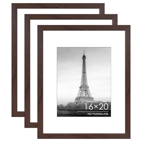 Fisnish 16x20 Picture Frame Set of 3 Display Pictures 11x14 with Mat or 16 x 20 without Mat for Wall Mounting Horizontal and Vertical Walnut Woodgrain