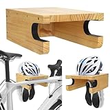Krotour Wooden Bike Wall Mount Rack with Shelf and Hooks for Home, Space-Saving Indoor Horizontal Bike Storage Rack for Garage, Wood Wall Mounted Bike Hangers for Single Road, Mountain Bicycle