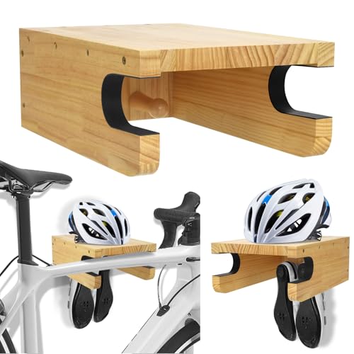 Krotour Wooden Bike Wall Mount Rack with Shelf and Hooks for Home, Space-Saving Indoor Horizontal...