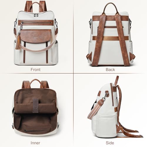 Laptop Backpack for Women 15.6 inch,Travel Leather Backpack Purse Nurse Teacher Carry on Backpack Computer Bag,Professional Water-Resistant College Business Work Casual Daypack,Beige with Brown - Image 5