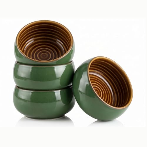 Image of Freakway Ceramic Round Serving Bowls, Green Glaze, Set of 4, 150 ML, Microwave and Dishwasher Safe