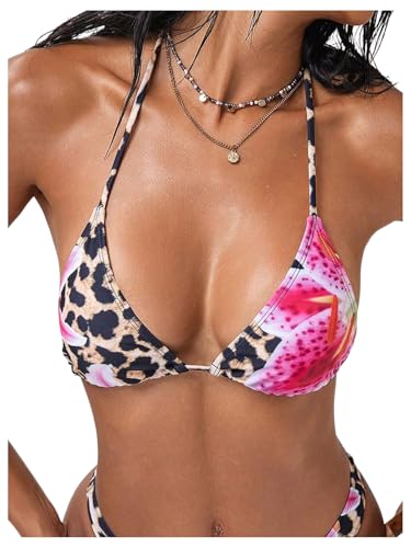 SOLY HUX Women's Leopard Print Bikini Top Only Halter Tie Backless Cheeky Triangle Swimsuit Tops