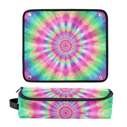 Bolsa para herramientas de cabello para mujeres con almohadilla resistente al calor, estuche doble capa para planchas de pelo, rizadores, patrón tie-dye arcoíris rosa y azul miniatura 3